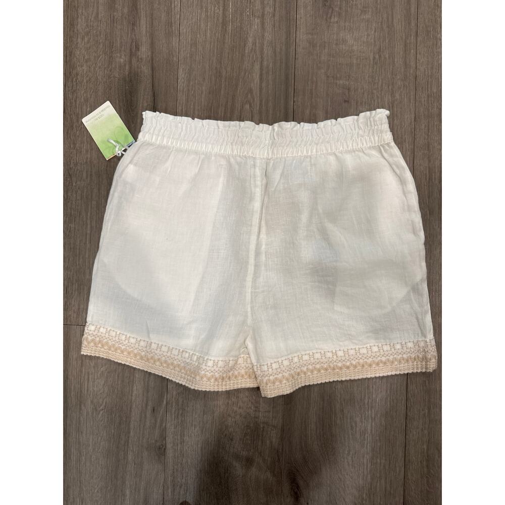 Sigrid Olsen Linen Elastic Waist Shorts White with Beige Border Size M - Picture 5 of 7